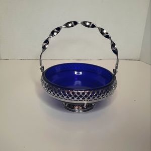 Vintage Cobalt Blue Glass Dish in Silver Handled Holder